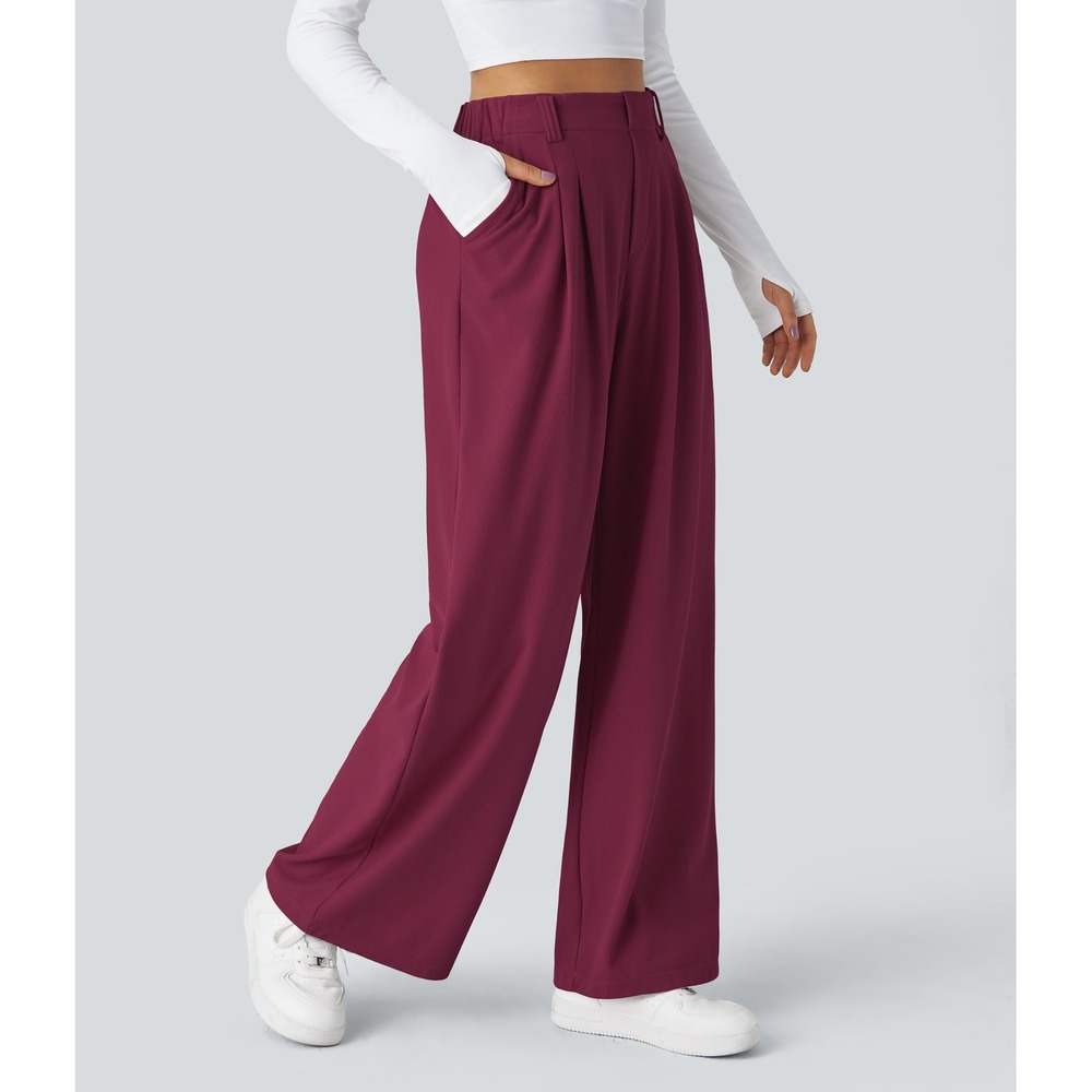 Halara Trousers Pleated Wide Leg Large Burgundy Womens High Waisted Pants